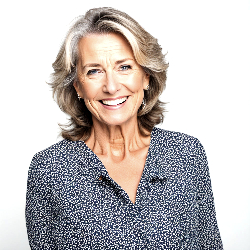 Smiling middle aged woman wearing a grey speckled blouse 