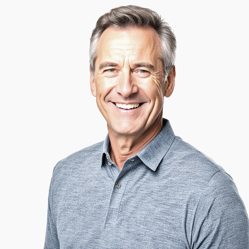 Smiling middle aged man in a grey polo shirt 